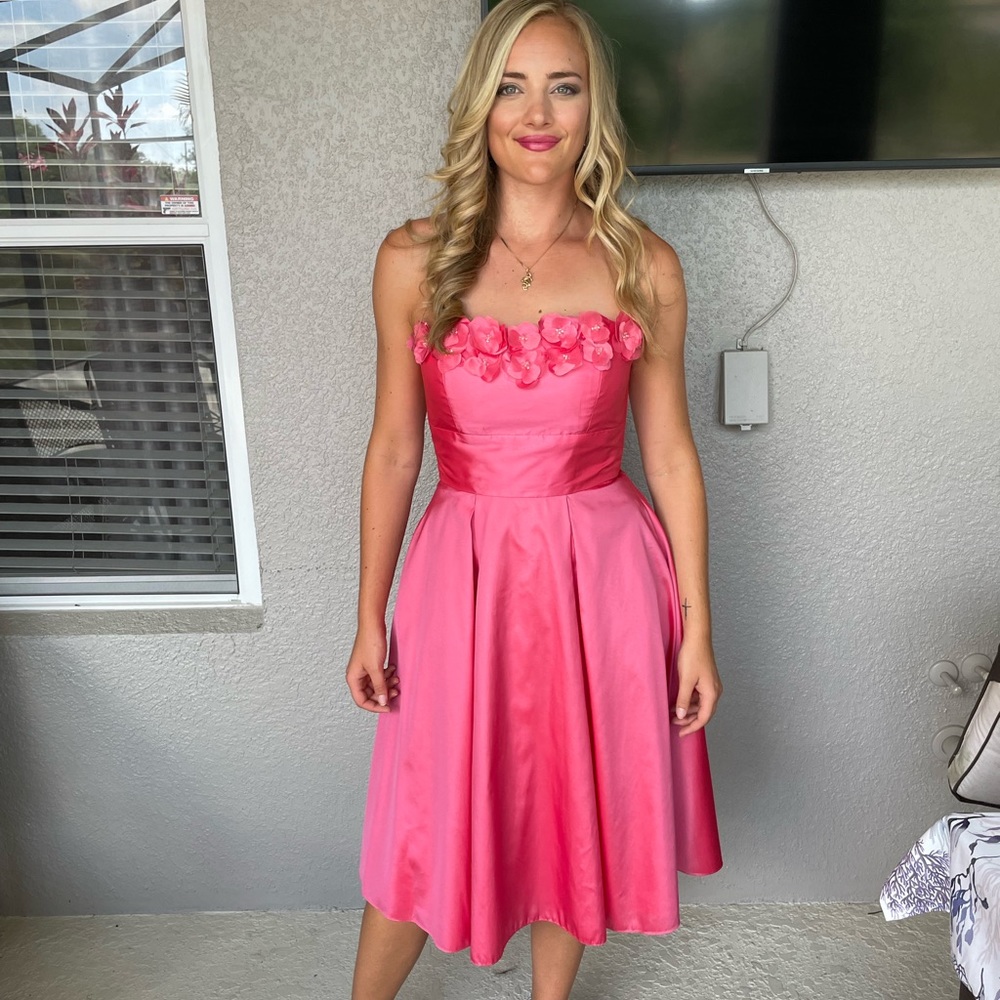 Pink strapless dress with beautiful floral detail